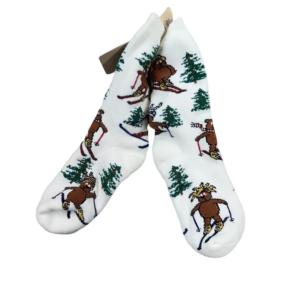 NWT For Bare Feet Bear Skiing Novelty Crew Socks Womens 9-11 Made USA Winter